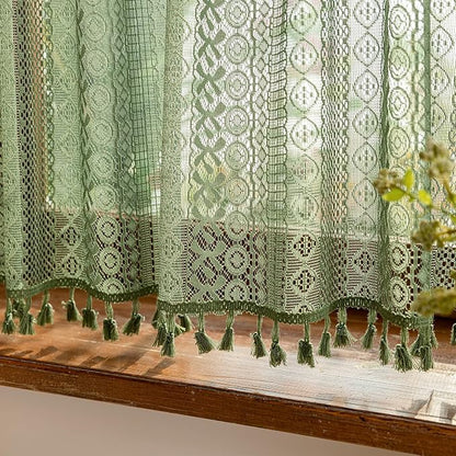 Sutuo Home Olive Green Boho Lace Curtains 2 Panels 45 Inch Long, Semi Sheer - Image 8