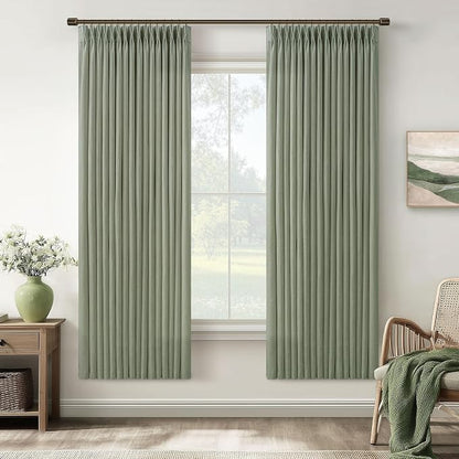 Green Linen Blend 72 Inch Light Filtering Pleat Boho Curtains 50 Inch Wide | by Twodrapes
