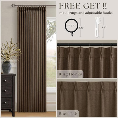 120 Inch Pinch Pleat Brown 100% Blackout Thick Linen Curtains - Image 3