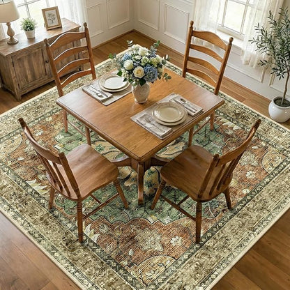 RELEANY Washable Area Rug, Square 7'x7', Brick/Brown/Green | Non-Slip, Water by RELEANY
