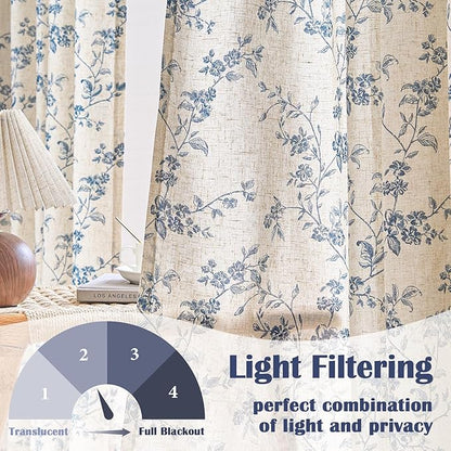Extra Long Blue Vintage Floral Linen Curtains Farmhouse 2 Panels | Elisa Series - Image 3
