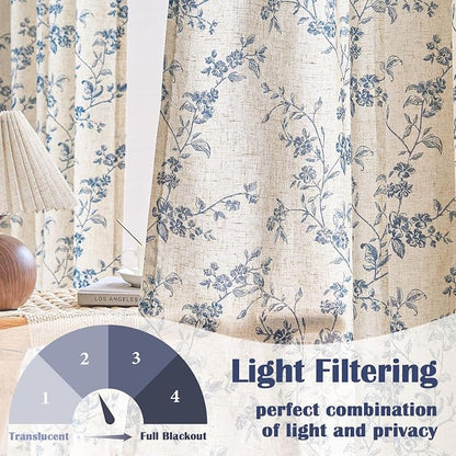 Extra Long Blue Vintage Floral Linen Curtains Farmhouse 2 Panels | Elisa - Image 3