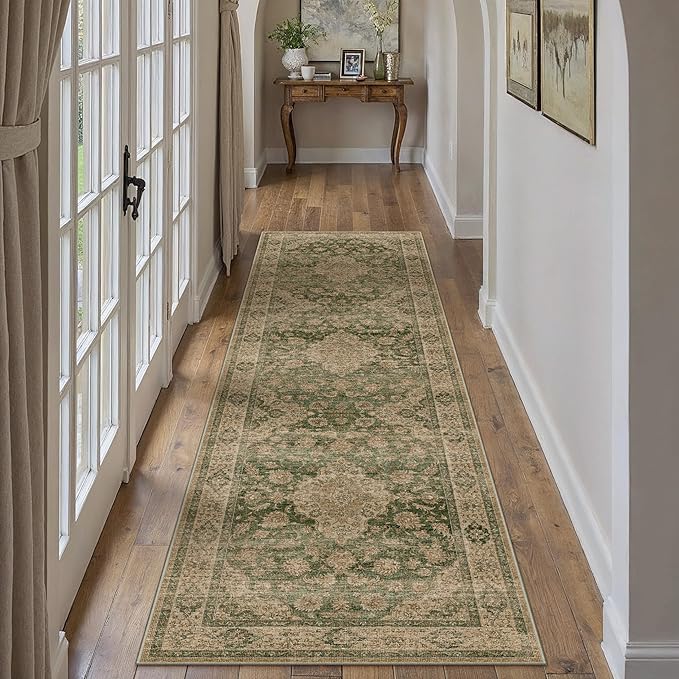 2x8 Green Retro Floral Washable Runner Rug by HUGEAR