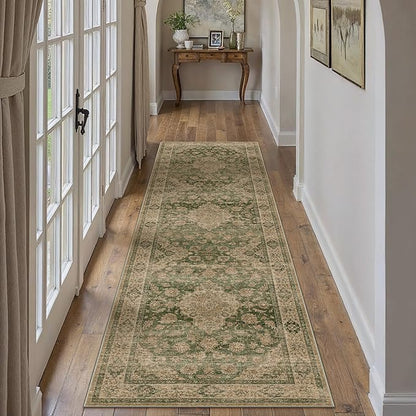 2x8 Green Retro Floral Washable Runner Rug by HUGEAR