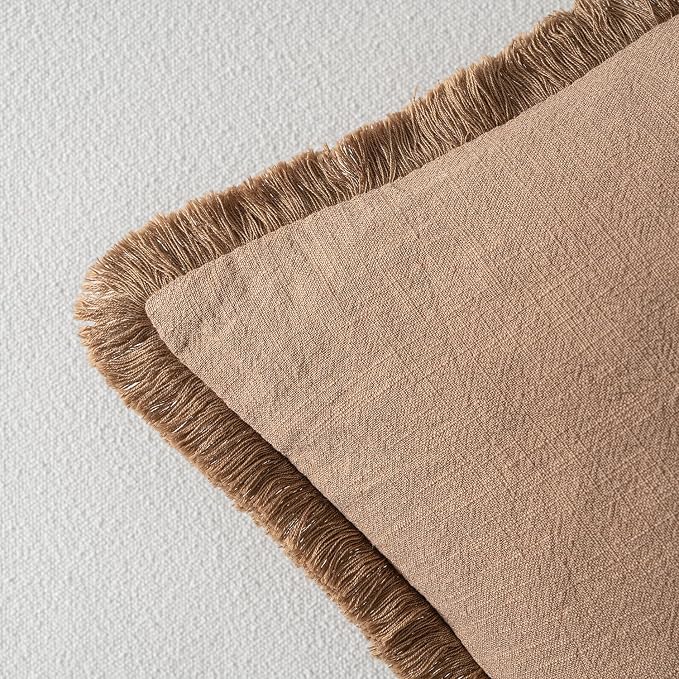 MIULEE Boho Linen Fringe Decorative Fall Throw Pillow Covers Brown 18x18 | Set - Image 3