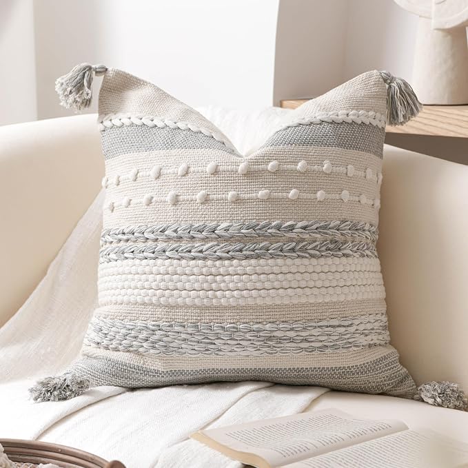 Gray Boho Decorative Throw Pillow Cover 22x22 Square Farmhouse Accent Cushion by BlissBlush
