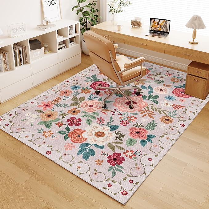 DUKINO 4x6 Area Rug, Floral Washable Rug Non Slip Office Chair Mat, Stain by DUKINO