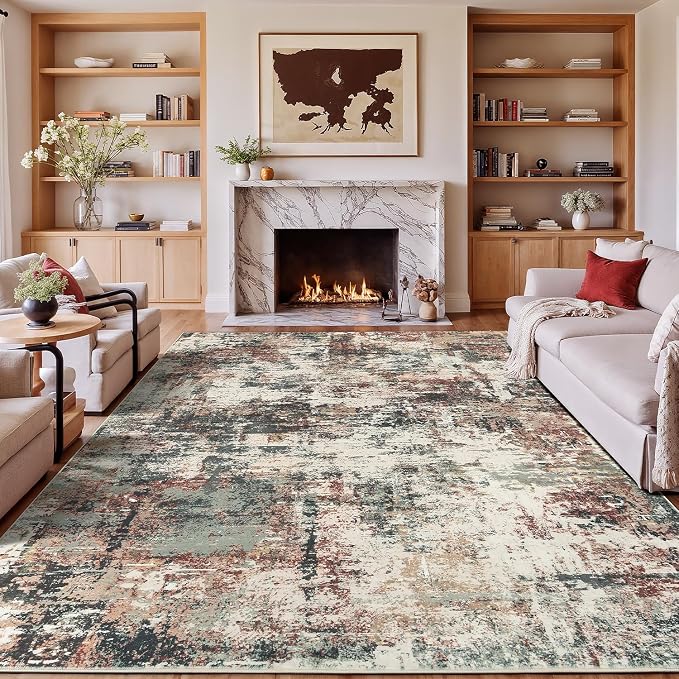 Rugflix 8x10 Area Rugs for Living Room, Washable Rust Brown Green Large Rug | by RugflixAreaRugs