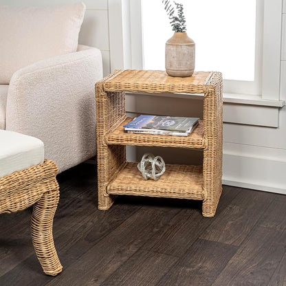 JONATHAN Y Praerie Natural Woven Rattan and Mango Wood 3-Tier End Table - Image 7