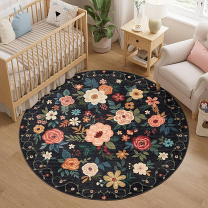 DUKINO 5ft Round Rug, Non Slip Floral Washable Small Circle Rug, Low Pile by DUKINO