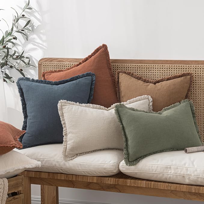 MIULEE Boho Linen Fringe Decorative Fall Throw Pillow Covers Brown 16x16 | Set - Image 6