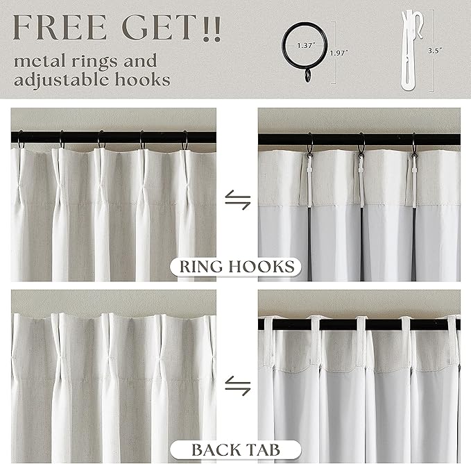 Beige White Pinch Pleated Blackout Linen 90 Inch Long Curtains 60 Inch Wide | - Image 5
