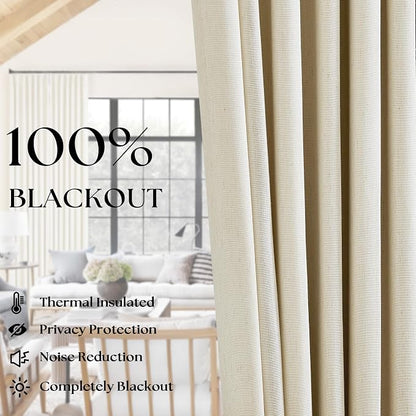 Cream Beige 63 Inch Length Blackout Pinch Pleated Linen Curtains - Image 3