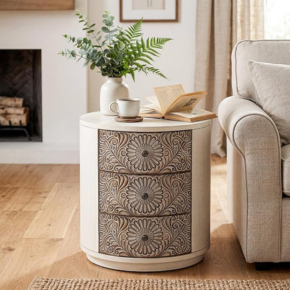 HOMPUS Round End Table with Carved Floral Pattern, Vintage Nightstand w 3 - Image 3
