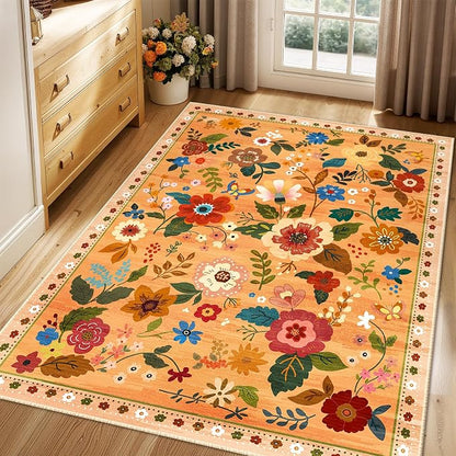 RELEANY Floral Washable 4x6 Area Rugs Yellow/Orange/Red | Flower Carpet Print - Image 6