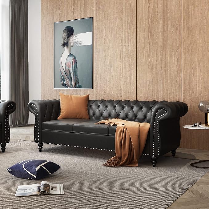 ORRD 2 Pieces Living Room Set, Chesterfield Leather Sofa Loveseat Couch - Image 5