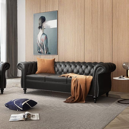 ORRD 2 Pieces Living Room Set, Chesterfield Leather Sofa Loveseat Couch - Image 5