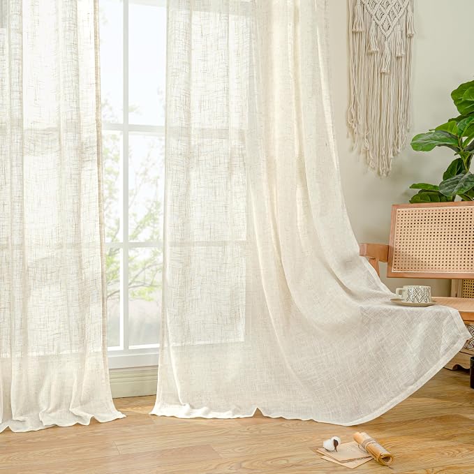 Ivory 90 Inches Long Linen Semi Sheer Curtains - Image 9