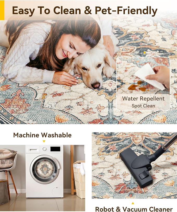 RELEANY Washable Area Rug, Round 5ft, Water Repellent, Pet Friendly, Vintage - Image 5