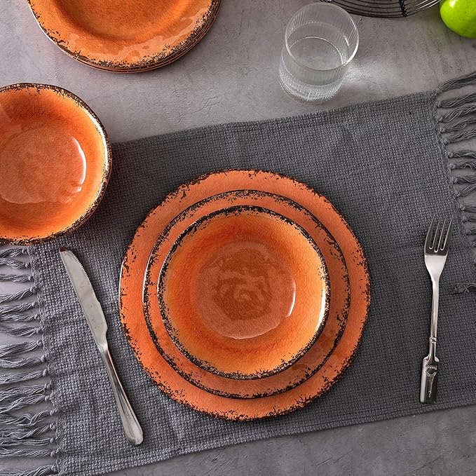 LEHAHA Rustic Farmhouse Melamine Dinner Plates Set of 6, 11 inch Lightweight Camper RV Dishes, Indoor and Outdoor Use, Reusable, Sturdy and Dishwasher Safe, Orange