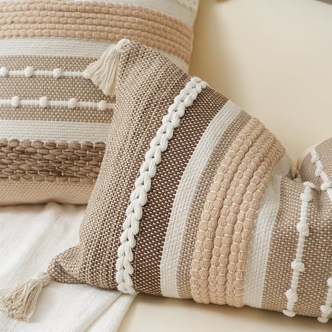 Brown Decorative Throw Pillow Cover 18x18 Square Boho Accent Pillowcase Tassels - Image 3
