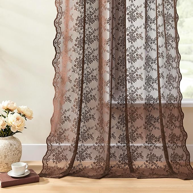 YJ YANJUN Vintage Lace Curtains 96 Inches Long-Victorian Floral Sheer Brown - Image 5