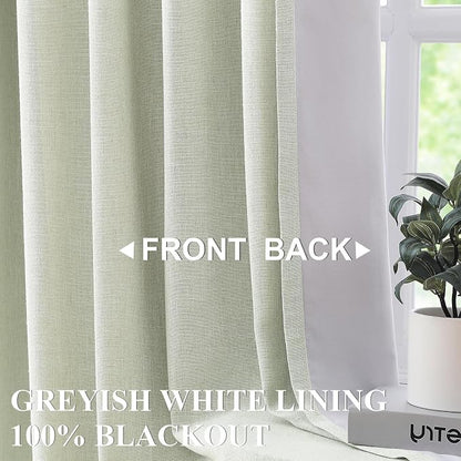 Vision Home Soft Green Pinch Pleated Full Blackout Curtains Linen Blended Room - Image 2