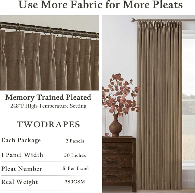 Dark Brown Pinch Pleat Light Filtering Thick Linen Kitchen Curtains 50Wx54L | - Image 4