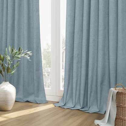 Blue 100% Blackout Linen Curtains 132 Inch Length 2 Panels Set - Image 8