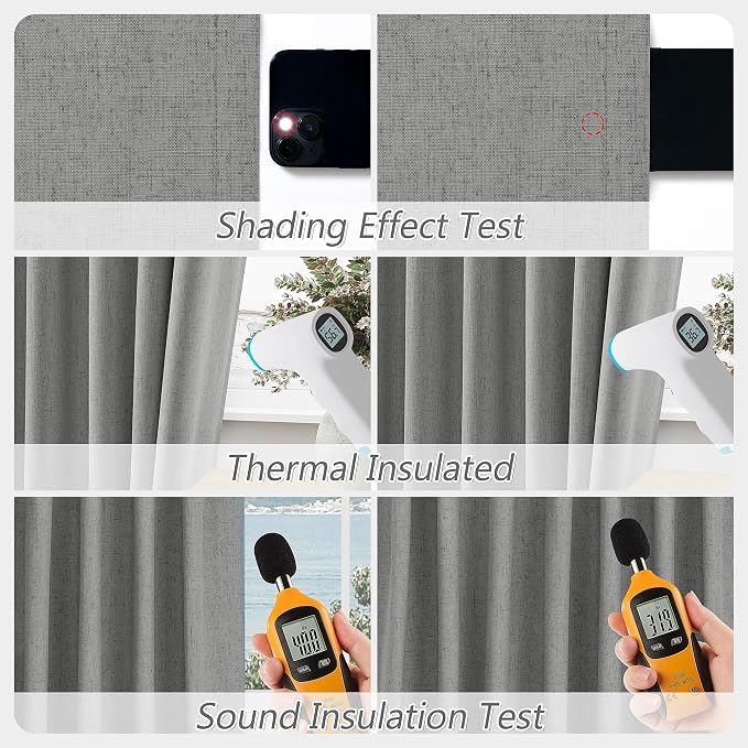 Dark Grey 100% Blackout Linen Curtains 63 Inch Length 2 Panels Set - Image 5