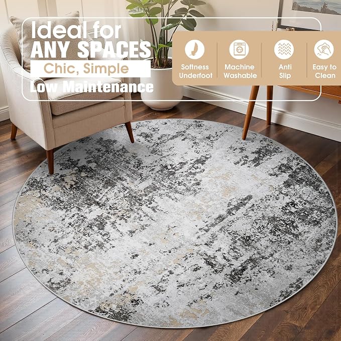 Round Rug 6ft Washable Rug for Dining Room Living Room Black Grey Gold | Modern - Image 3