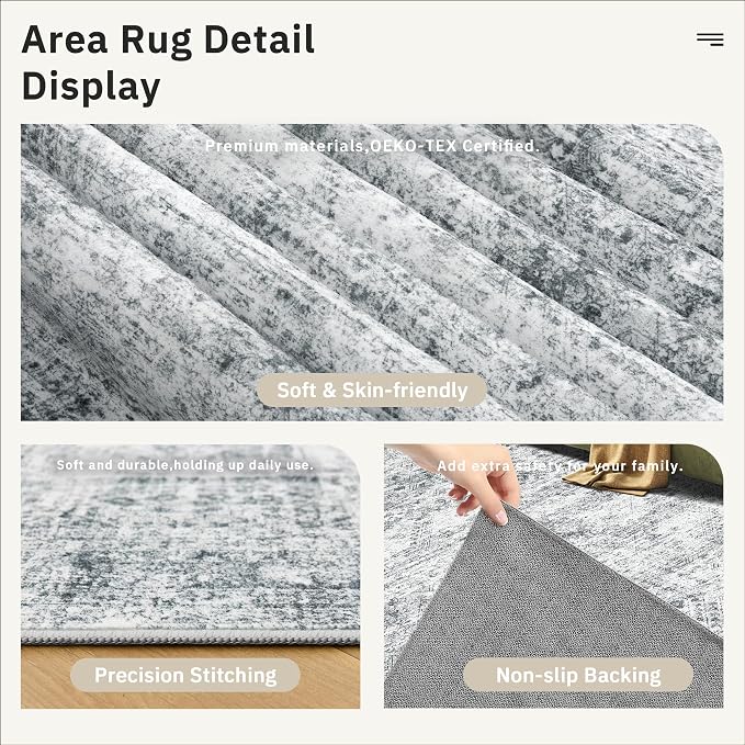 Soalmost 9x12 Area Rugs for Living Room Washable Rug Non-Slip Grey | Large - Image 8