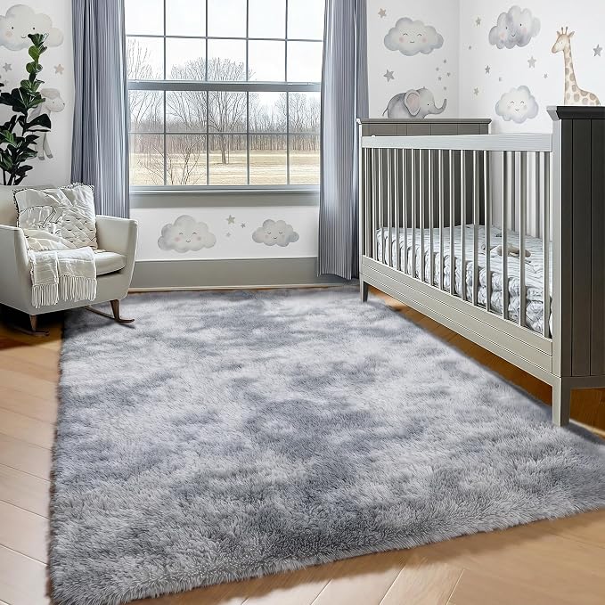Area Rugs 9x12 Living Room, Tie-Dyed Light Grey Large Fluffy Bedroom Rug - Image 7