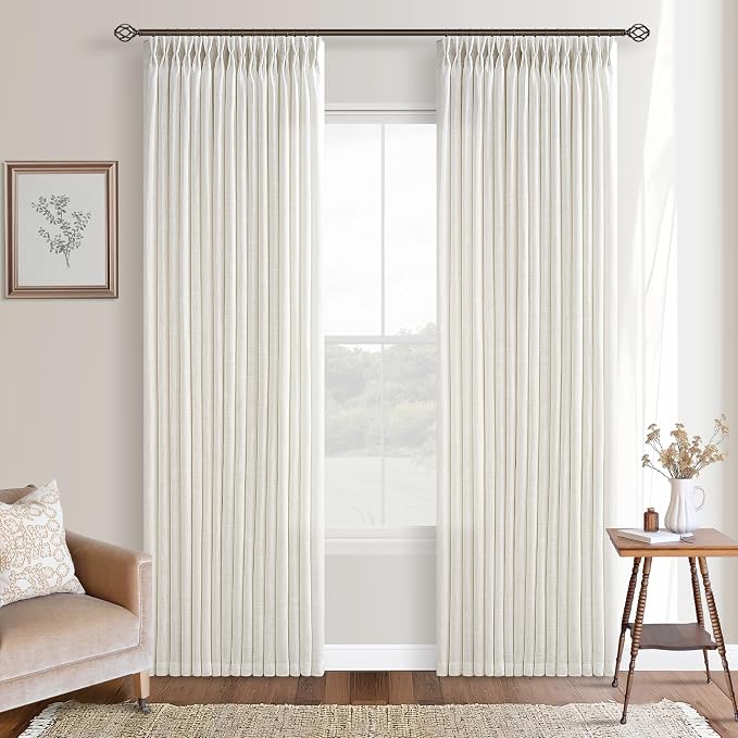 Cream Ivory Linen Pleated Memory Shaped Light Filter Curtains 84 Inch Long | by Twodrapes