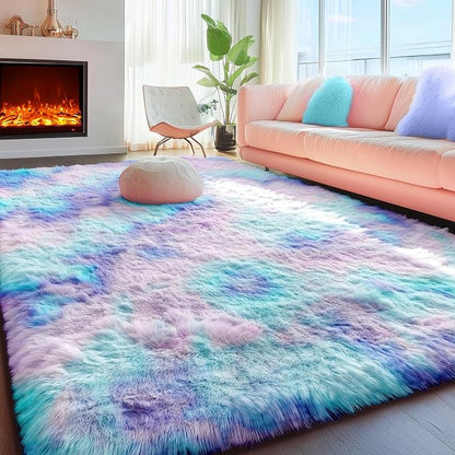 Furry Pastel Rug for Girls Bedroom, Soft Adorable Rainbow Purple Tent Rugs | - Image 5