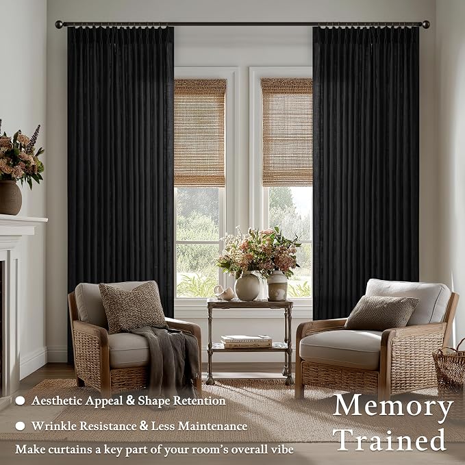 Black Linen Pleated Memory Shaped Semi Sheer Privacy Curtains 102 Inch Long | - Image 2