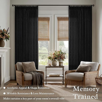Black Linen Pleated Memory Shaped Semi Sheer Privacy Curtains 102 Inch Long | - Image 2