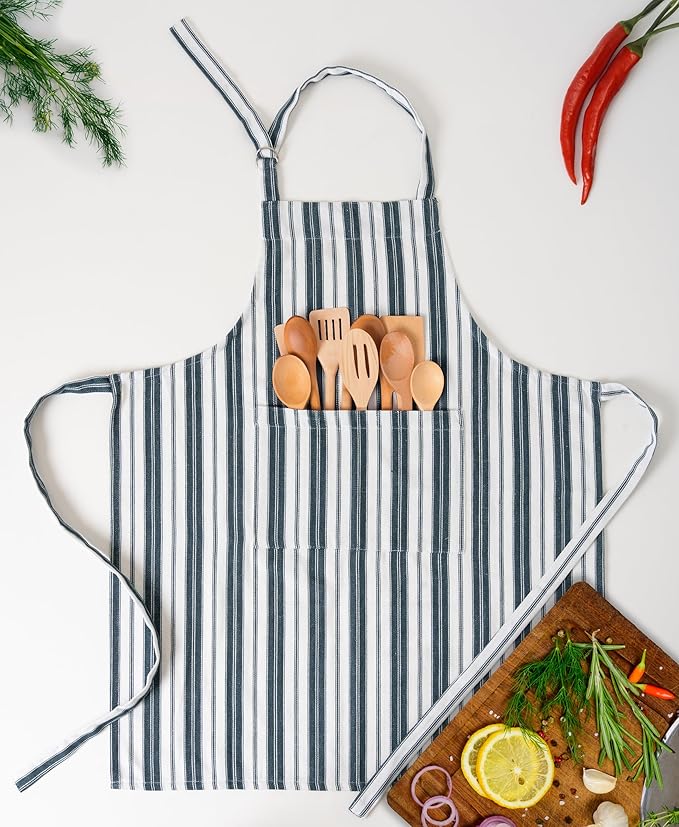 Cotton Professional Apron For Kitchen – 28 x 32 Inches – Women & Men – Useful When Cooking, Baking, Gardening – Adjustable Strap Around Waist & Neck With Pockets Navy Blue Stripes