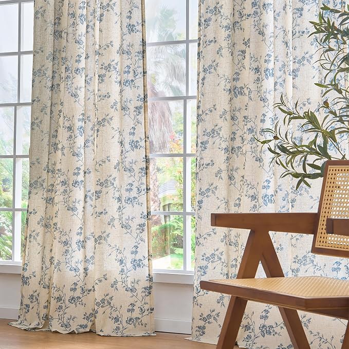 Blue Vintage Floral Linen Curtains Farmhouse 50W X 63L 2 Panels | Elisa Series - Image 7