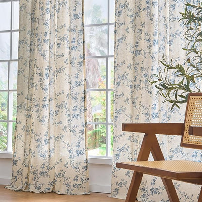 Extra Long Blue Vintage Floral Linen Curtains Farmhouse 2 Panels | Elisa - Image 9