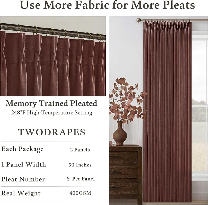 108 Inch Chestnut Brown Linen Pleated Light Filtering Curtains - Image 5