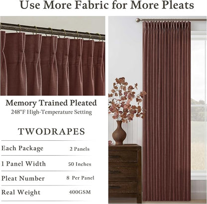 108 Inch Chestnut Brown Linen Pleated Light Filtering Curtains - Image 5