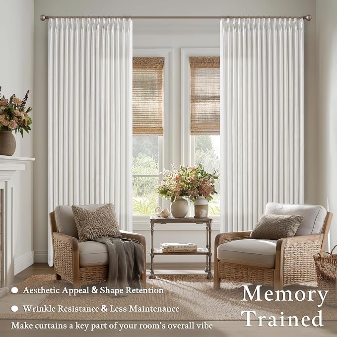Pinch Pleated 90 Inch Off White Semi Sheer Neutral Linen Curtains 2 Panels | - Image 2