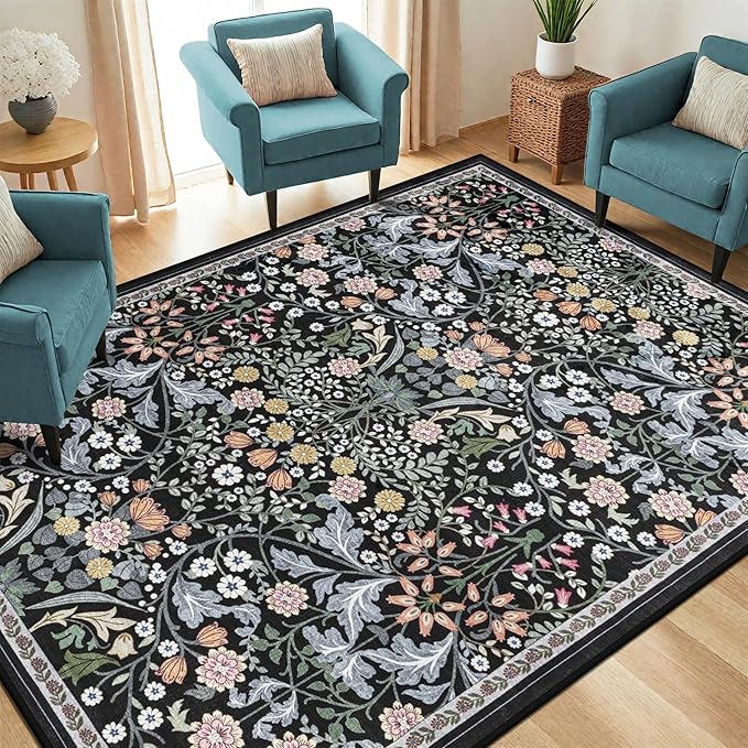 PLHXFR Area Rug Living Room: 4x6 Floral Washable Boho Carpet Dark Black | - Image 2