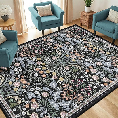 PLHXFR Area Rug Living Room: 4x6 Floral Washable Boho Carpet Dark Black | - Image 2