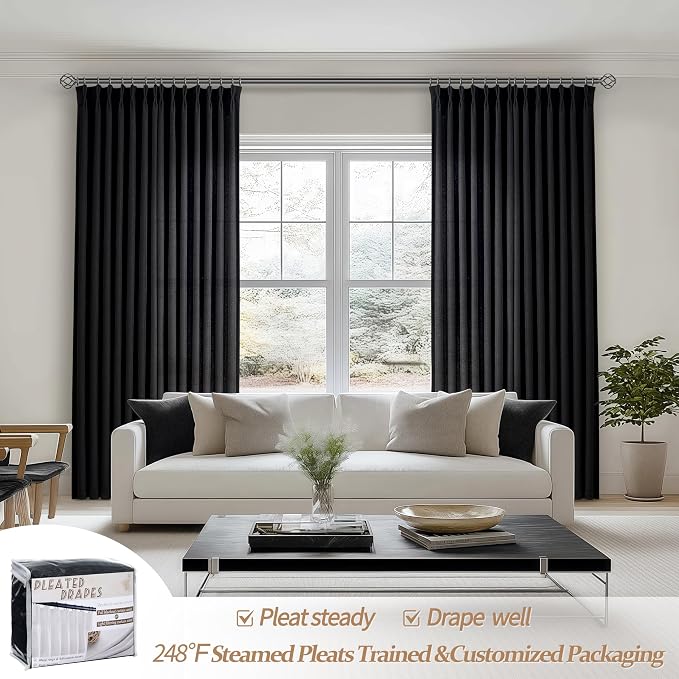 PleatedDrapes Light Filtering Black Linen 90 Inch Curtains - Image 2