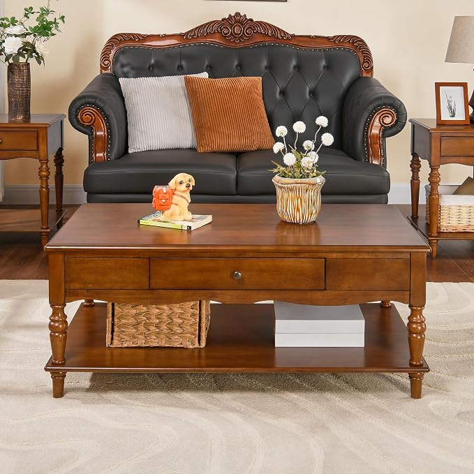 Rectangular Coffee Table with 2 Storage Drawers, Mid-century Solid Wood Living - Image 4