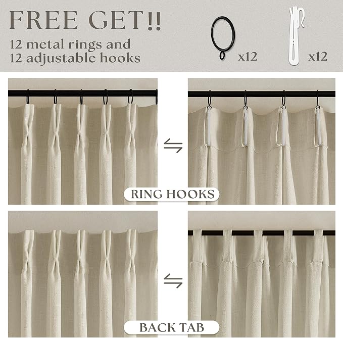 60 Inch Width 92 Inches Long Linen Pinch Pleated Curtains 1 Panel | Light - Image 4