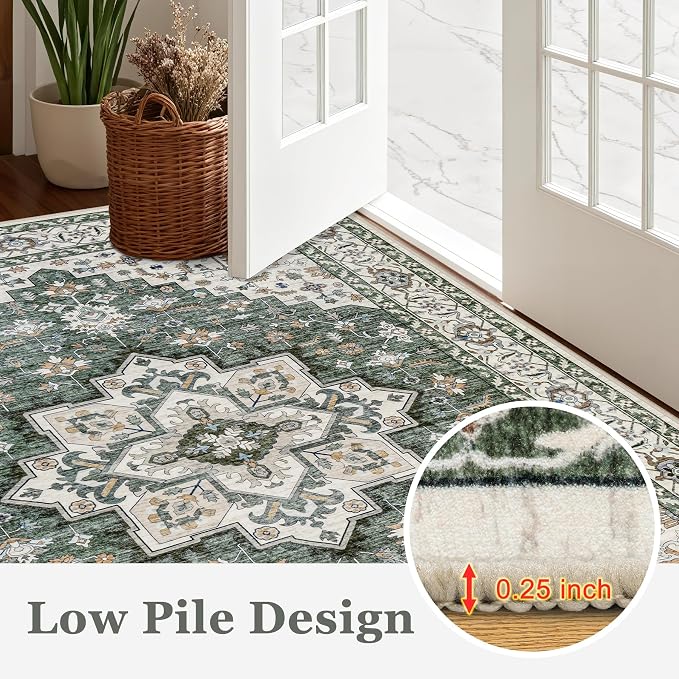 Round Area Rug for Living Room: 6ft Boho Washable Rug Green Ivory | Vintage - Image 8