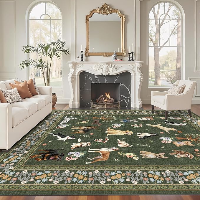 Dark Green Area Rug 5x7 for Living Room Bedroom | Ultra-Thin;Boho Style; Non - Image 3